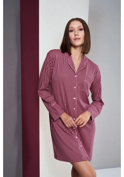 Ang Butik Kadın Pjs 26010 Önden Düğmeli Çizgili Gecelik Pembe