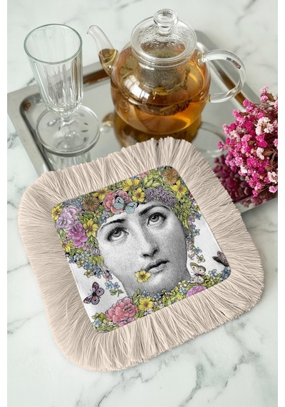 Çiçekli Portre Püsküllü Sunum Peçetesi - Vintage Bohem Pastel Krem Bardak Altlığı Mendil Sisli Açık Hardal