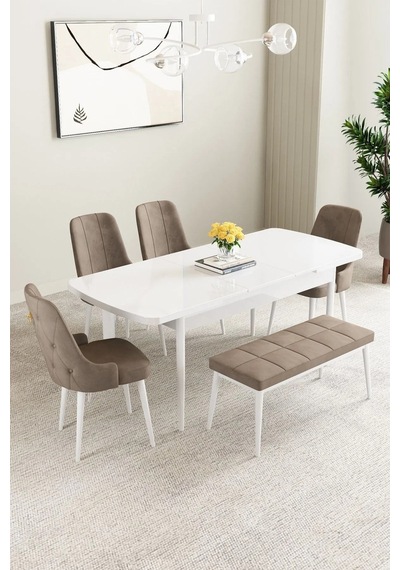 Clara Beyaz 80x132 Açılabilir Mdf Masa Yemek Odası Takımı,mutfak Takımı 4 Sandalye 1 Bench Cappuccino Clara Beyaz 80x132 Açılabilir Mdf Masa Yemek Odası Takımı,mutfak Takımı 4 Sandalye 1 Bench Cappuccino