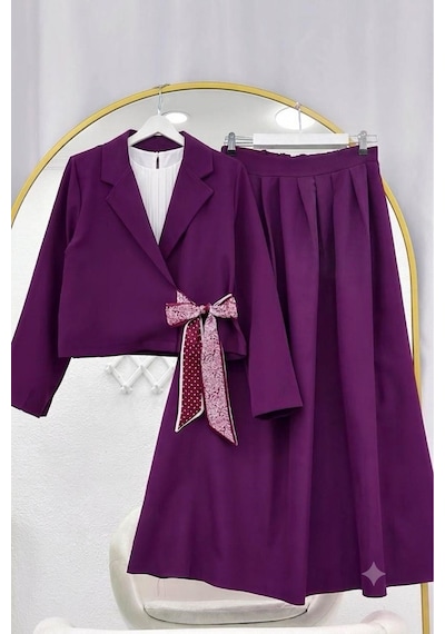 Lovie Moda Ceket Çapraz Bağlamalı Fular Detaylı Mor