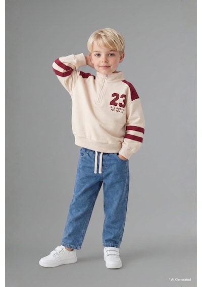 Defacto Dik Yaka Fermuarlı Baskılı Sweatshirt Üst Jean Pantolon 2li Takım Erkek Bebek I0614a526auer98 Ekru-er98