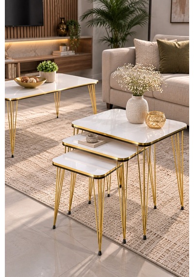 Sulorahome Gold Tel Ayaklı 4'lü Sehpa Seti Beyaz Altın - Beyaz