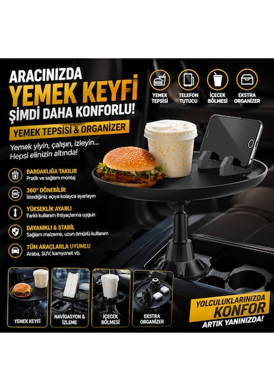 Araba İçin Yemek Tepsisi Yemek Masası Bardaklığa Takılan Organizer Tüm Araçlar İle Uyumlu