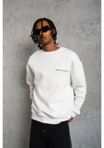 Butik İstanbul Erkek Oversize Sweatshirt Beyaz Renk Ön Ve Sırt Baskılı, Üç İplik İçi Pamuklu Kumaş, Rahat Kalıp, Ribanalı Kışlık Sweat Winagain Polizei Serisi - Beyaz
