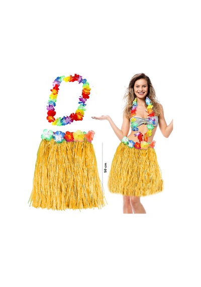 Hawaii Luau Aloha Sarı Püsküllü 50 Cm Etek Ve Hawaii Kolye Seti 5691 "