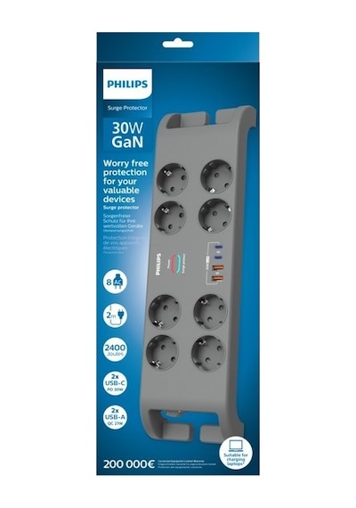 Philips Spn8180ga Akım Korumalı Priz 8'li + 2x Usb-a 18w + 2x Usb-c 20w - 2m Kablo - Siyah