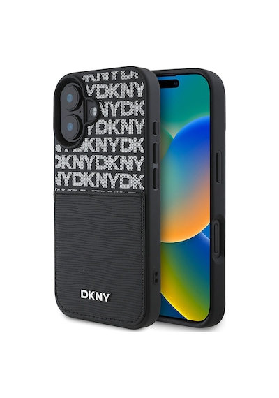 Apple Uyumlu iPhone 16 Kılıf Dkny Lisanslı Kartlıklı 3d Yazılı Repeat Texture Pattern Kapak Siyah
