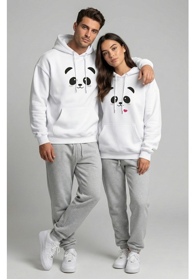 Nevermind Unisex Sevgili Çift Kombini Oversize Panda Baskılı Çift Hoodie Beyaz
