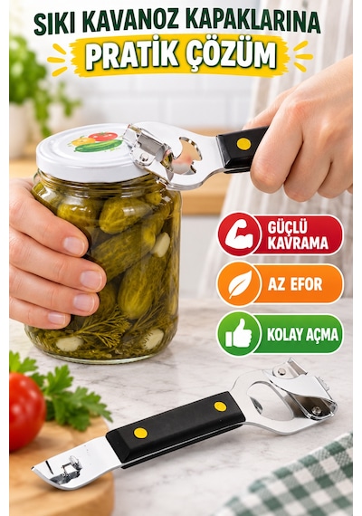 Metal Kavanoz Kapağı Ve Konserve Açacağı Siyah Saplı Çok Amaçlı Pratik Kapak Açıcı Gümüş