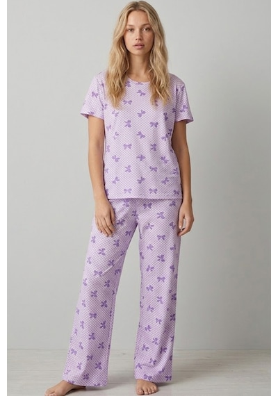 Siyah İnci İnce Soft Örme Mevsimlik Pijama Takımı 8003 Lila Fiyonk