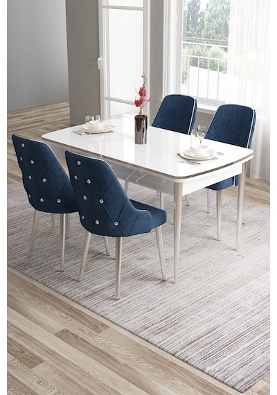 Canisa Tia Serisi 80x132 Açılabilir Mdf Mutfak Masası Takımı Beyaz Masa Krom Detay 4 Lacivert Sandalye Masa Beyaz Sandalye Lacivert Canisa Tia Serisi 80x132 Açılabilir Mdf Mutfak Masası Takımı Beyaz Masa Krom Detay 4 Lacivert Sandalye Masa Beyaz Sandalye Lacivert