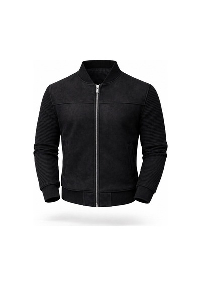Premium Slim Fit Bomber Kolej Deri Ceket Siyah Triko Kol