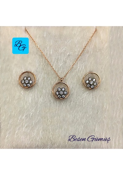 Yuvarlak Halka İçinde Elmas Montürlü Papatya Set Rose Gold - Gümüş