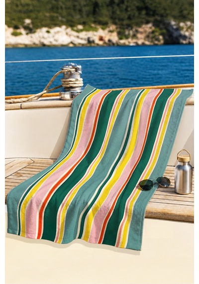 Çizgili Modern Marine Plaj Havlusu - Pastel Yeşil Pembe Sarı Resort Hızlı Kuruyan Mikrofiber Havlu Çok Renkli