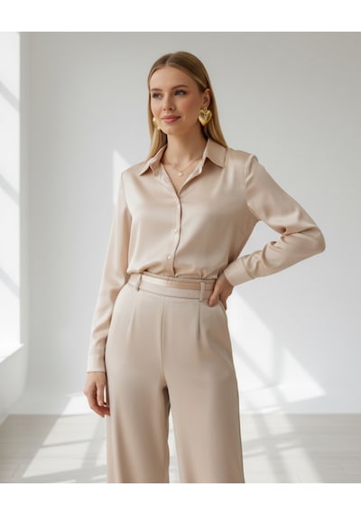 Pera Moda Saten Yüzeyli Fitted Gömlek Taş
