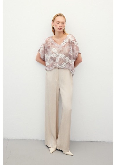 Sateen Nakışlı Kısa Kol Bluz - Camel-136299 CAMEL