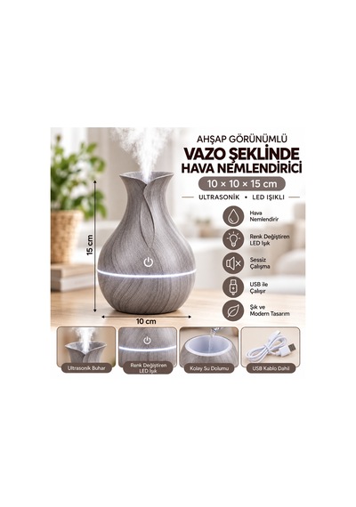 Ahşap Görünümlü Ultrasonik Hava Nemlendirici Aroma Difüzör Led Işıklı Usb Vazo Koyu Kayve-şarjlıı