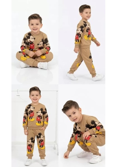 Peruflic 2-5 Yaş Fare Baskılı Penye Çocuk Takımı Kahverengi