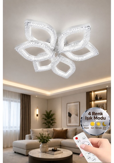 Yonca Model Beyaz Kumandalı 6"lı Ledli 3 Renk Modu Kristal Salon Mutfak Yatak Çocuk Odası Avize