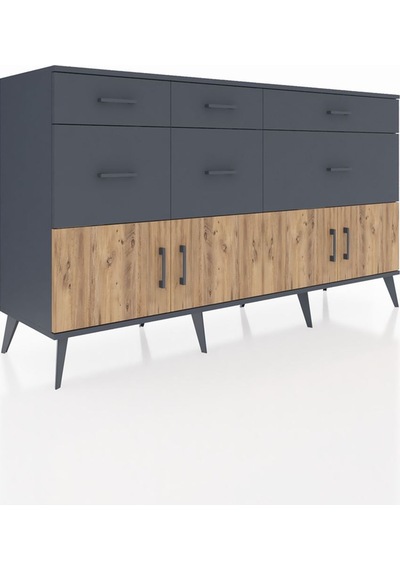 Kronos Konsol Tek Raflı 6 Çekmeceli 4 Kapaklı 176x59x99 Antrasit- Antrasit-çam/antrasit