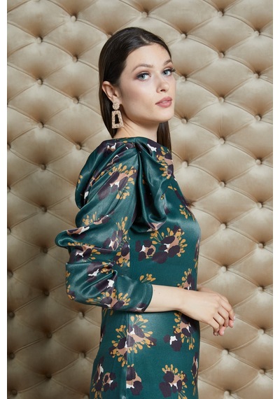 Serpil Exclusive Emprime Desenli Saten Dokulu Midi Elbise Şık Ve Modern Stil Yeşil