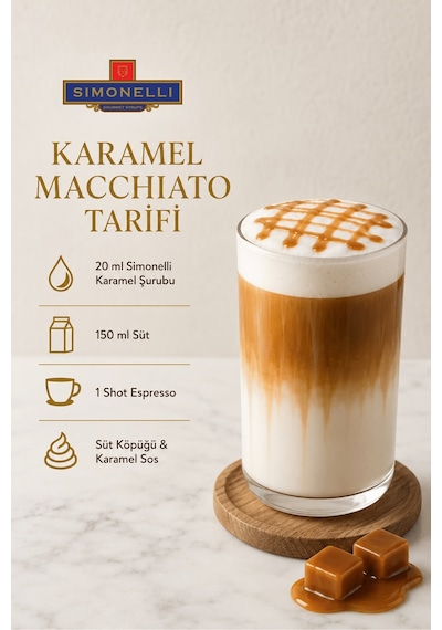 Simonelli Karamel Aromalı Kahve ve Kokteyl Şurubu 700 ML + Şurup Pompası - Latte Frappe Soğuk Sıcak Kahve ve Tatlı Şurubu