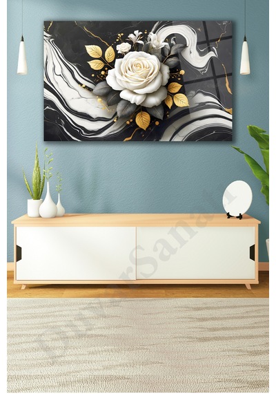 Soyut Siyah Beyaz Gold Gül Cam Tablo, Modern Ev Ofis Salon Duvar Dekoru, Hediyelik Tablo Dekor