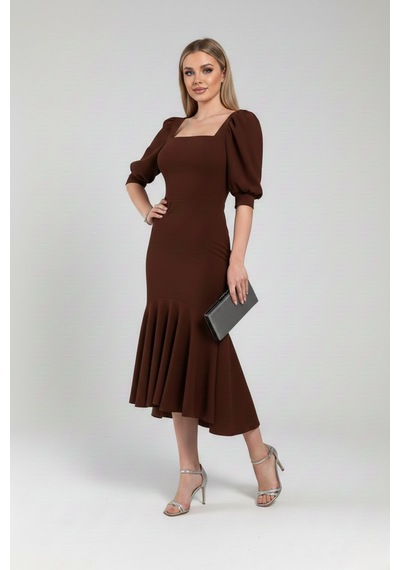 Defymoda Kadın Balık Model Cazibeli Elbise Kahverengi