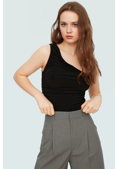 Ersefa Fitted Tek Omuz Bluz Esnek Örme Crop Boy Modern Stil Premium Kali siyah