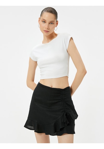 Koton Fırfırlı Mini Keten Şort Etek Slim Fit Fiyonk Detaylı Siyah 4sal70013ıw Siyah