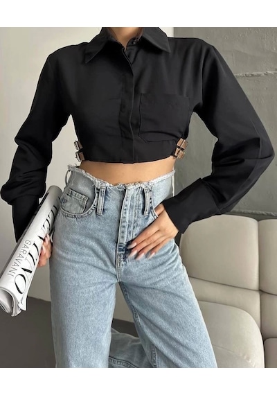 Defymoda Yanı Kemer Detaylı Crop Gömlek Siyah S4009 Siyah