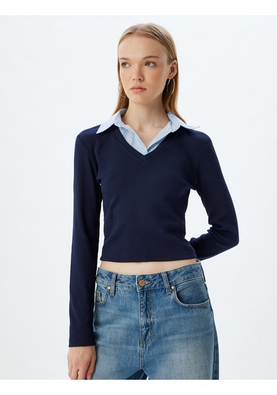 Koton Pamuklu Gömlek Yaka Katlı Slim Fit Uzun Kollu Tişört Lacivert 7wal10124ık