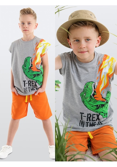 T-Rex Alev Erkek Çocuk Kolsuz Yazlık T-Shirt Şort Takım