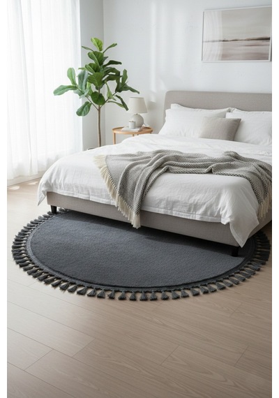 Comfort Yuvarlak Ponpon Saçaklı Peluş Halı Yatak Odası- Çocuk Odası- Antre- Yemek Odası Kaymaz Taban Antrasit