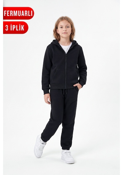 Fyk Kids 3 İplik Düz Fermuarlı Kız Çocuk Eşofman Takımı Siyah