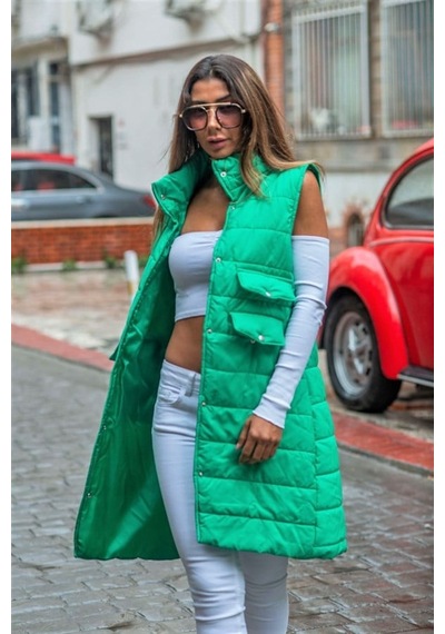 Veraura Lifestyle Yeşil Dik Yaka Cep Detaylı Uzun Şişme Yelek