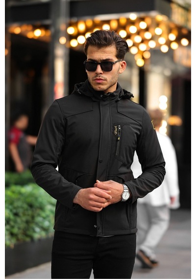 Erkek Mavi Kapüşonlu Softshell Su Ve Rüzgar Geçirmez Içi Kürklü Mont Siyah