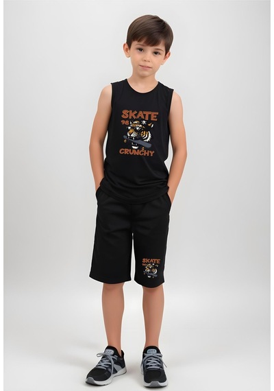 Fyk Kids Erkek Çocuk Baskılı Sıfır Kol Skate Crunch Alt-üst Takım Siyah