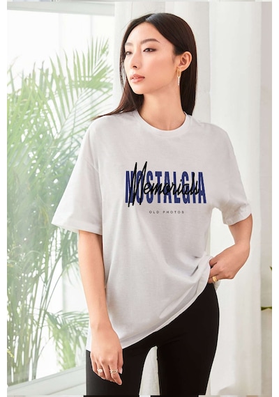 Unisex Nostalgia Baskılı Oversize Tshirt Beyaz