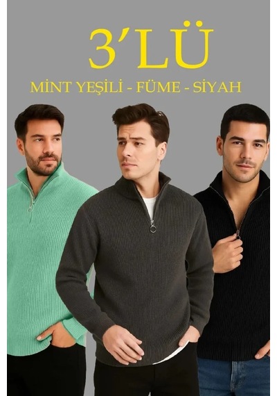 Zenna Tarz Erkek Fitilli Triko Kazak 3 Lü Set Mint Yeşili, Siyah, Füme Kalın Dokuma Pamuklu Regular Fit V Yak Mint Yeşili-siyah-füme
