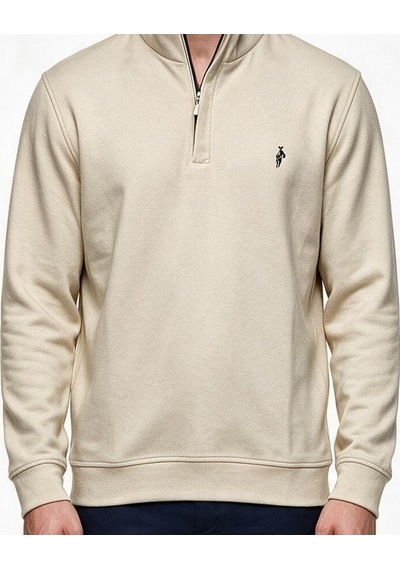 Legato Erkek Dik Yaka Yarım Fermuarlı Pamuk Karışımlı Uzun Kollu Sweatshirt Bej