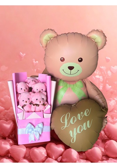 Kalpli Balonlu Ayıcık İle Pembe Peluş Ayıcık Buketi Özel Hediye Seti