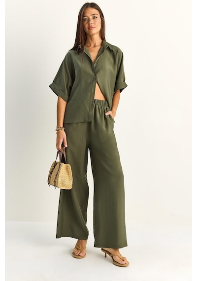 Shade Kadın Oversize Kısa Kol Gömlek Beli Lastikli Geniş Paça Pantolon Takım 7651 60286138 - Haki