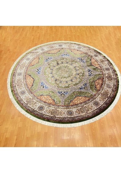 Klasik Yıldız Desenli 300 X 300 Yuvarlak İpek Halı Yeşil