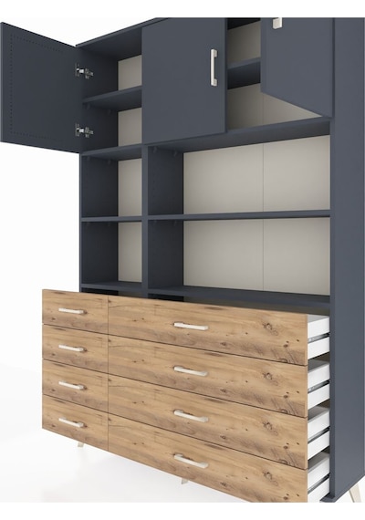 Arges Dolap 8 Raflı 8 Çekmeceli 3 Kapaklı 132x30x195 Antrasit-antrasit/çam Antrasıt/atlas Çam