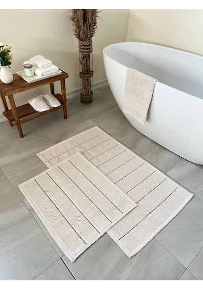 Bluenity Basic Stripe Doğal Pamuklu 2'li Banyo Kilim Seti 60x100+50x60 Cm Ekru / Lacivert Çizgili Ekru