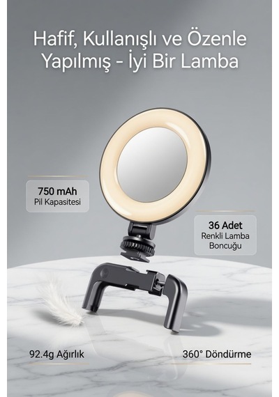 Aynalı Şarjlı Ring Light Telefon İçin Klipsli Led Selfie Işığı