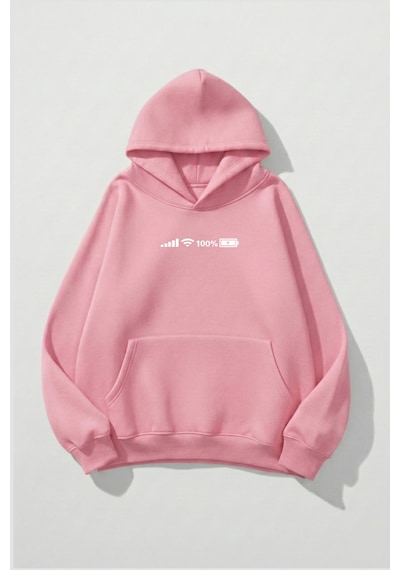 Uyguntarz Unisex Yumuşak Dokulu Phone's Icons Baskılı Tasarım Oversize 3 İplik Hoodie Sweatshirt Pembe