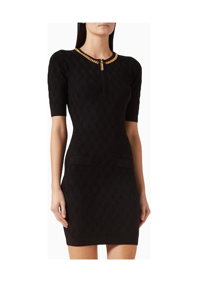Elit Elisabetta Franchi Diamond Trim Jakar Triko, Metal Detaylı Mini Elbise Siyah