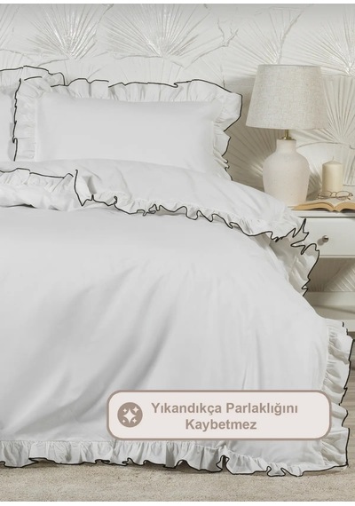 Nakışlı Beyaz Nevresim Takımı Seti Fırfırlı Krem